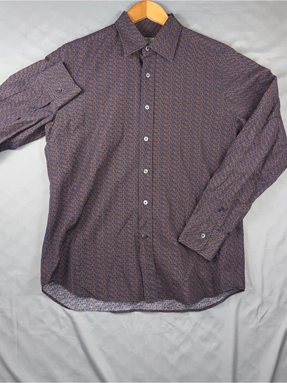 Canali Shirt Mens Large Blue Geometric Cotton Linen Button Front Made Italy